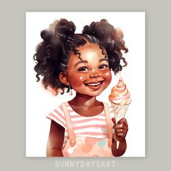 cute black girl poster, cute black baby girl with icecream, nursery decor, printable art, watercolor art for girls room