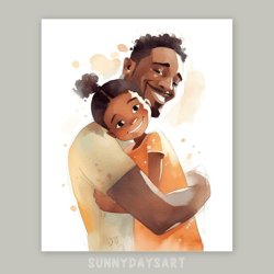 Cute black girl poster, black girl with dad, nursery decor, dad and daughter, printable, watercolor art, girl room art
