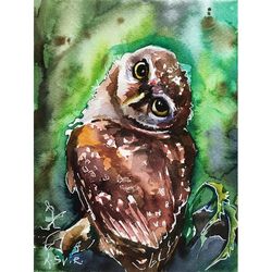 Owl Painting Bird Watercolor Original Art Animal Painting Small Artwork 6 by 8 by by SviksArtPainting