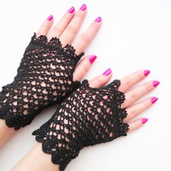 Gothic Wedding Lace Gloves Crochet Bridal Fingerless Gloves Women's Black Evening Lace Gloves Vintage Summer Gloves