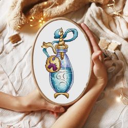 unicorn elixir cross stitch pattern, potion jar cross stitch chart, halloween cross stitch, witchy elixir cross stitch