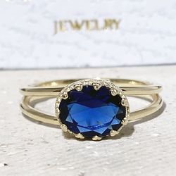 Blue Sapphire Ring - September Birthstone - Statement Ring - Gold Ring - Double Band Ring - Oval Crown Ring