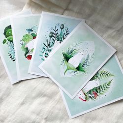 Cute watercolor cats and plants postcards set Post crossing lover gift Cat lover gift Whimsical botanical illustration