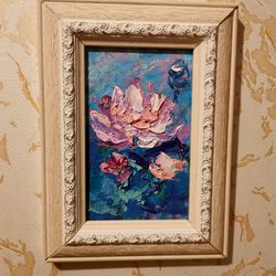 pink water lilies pond original impasto art oil painting framed artist svinar oksana
