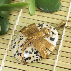 Dalmatian Jasper Necklace Brass Dragonfly Beige Ivory Oval Pendant Necklace Unique Stone Handmade Necklace Jewelry 6834