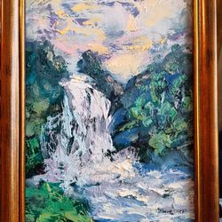 Waterfall Mountains Sunset  Framed Original Art Oil Painting Artist Svinar Oksana