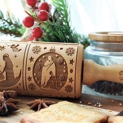 Nativity Engraved Rolling Pin Embossed Dough Roller Carved Mold Biblical Stories Christmas Cookies Christmas Gift