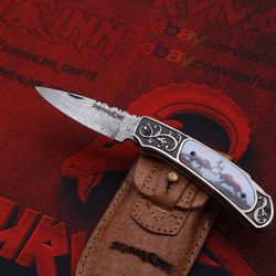 CUSTOM HANDMADE DAMASCUS STEEL  DEER HUNTING FOLDING KNIFE, BEST EDC POCKET KNIFE WITH SHEATH
