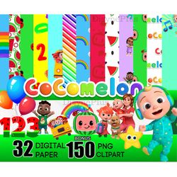 32 cocomelon digital paper clipart, watermelon rainbow, cocomelon font, cocomelon family, cocomelon characters png