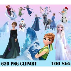 620 Frozen Clipart Bundle, Clipart Frozen Png, Elsa Olaf Anna Frozen, Disney Clipart Bundle, Frozen Font
