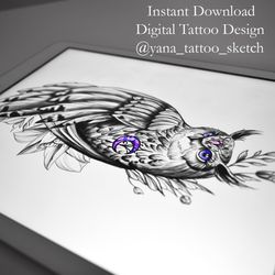 Owl Tattoo Designs Owl Tattoo Sketch Owl And Moon Tattoo Ideas For Females, Instant download PDF, JPG, PNG