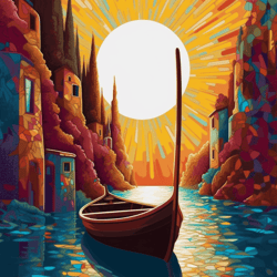 boat floating on the river against the backdrop of a beautiful sunset