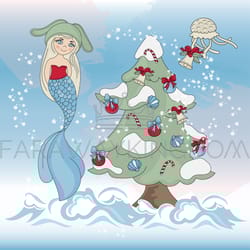 ocean christmas mermaid girl new year vector illustration set