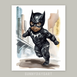 Cute black boy poster, cute black baby boy superhero panther, nursery decor, printable, watercolor art for children room