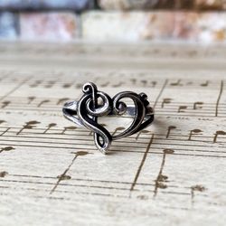 Music heart ring, Size 5,5 - 9 US, Sterling silver, Made to Order