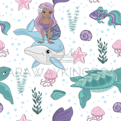 ocean tale mermaid girl seamless pattern vector illustration
