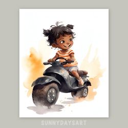 cute black girl poster, cute black girl rides a bike, nursery decor, printable art, watercolor art for girls room
