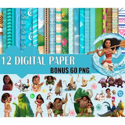 12 Moana Digital Paper, Moana Paper Pack, Moana Party Printable Moana Digital Scrapbooking Paper Png
