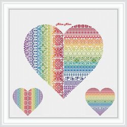 Cross stitch pattern Heart silhouette geometric ornament rainbow abstract hearts colorful counted crossstitch patterns