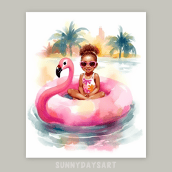 Cute black girl poster, black girl in pink flamingo float, nursery decor, pink art, printable art, watercolor art