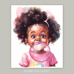 Cute black girl poster, black baby girl blowing pink bubble gum, nursery decor, pink art, printable art, watercolor art