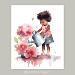 Cute black girl poster, black baby girl watering pink peonies, nursery decor, pink art, printable art, watercolor art
