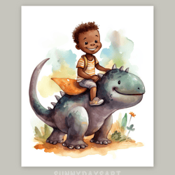Cute black boy poster, cute black boy rides a dinosaur, nursery decor, printable art, watercolor art for boys room