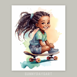 Cute black girl poster, cute black girl skateboarding, nursery decor, printable art, watercolor art for girls room