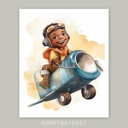 Cute black boy poster, cute black boy pilot flies in an airplane, nursery decor, printable, watercolor art for boys room