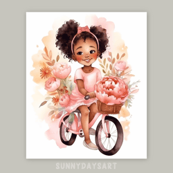 Cute black girl poster, cute black girl rides a bike, peony, nursery decor, printable art, watercolor art for girls room