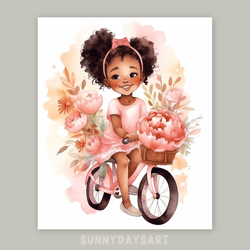 cute black girl poster, cute black girl rides a bike, peony, nursery decor, printable art, watercolor art for girls room