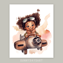 Cute black girl poster, cute black girl pilot flies in an airplane, nursery decor, printable art, watercolor art