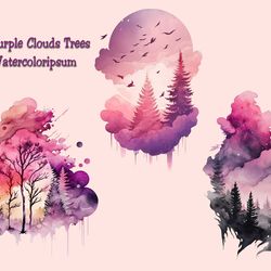 pink and purple clouds trees scenes watercolor png
