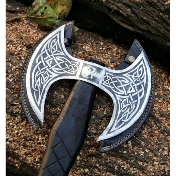handmade Double headed Vikings axe, forged steel, double handed axe, leather wrapping, premium leather sheath (1).jpg