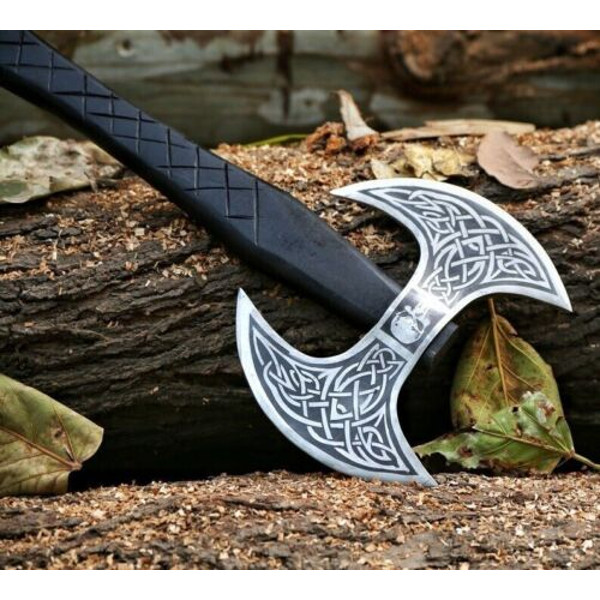 handmade Double headed Vikings axe, forged steel, double handed axe, leather wrapping, premium leather sheath (2).jpg