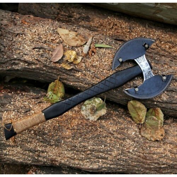 handmade Double headed Vikings axe, forged steel, double handed axe, leather wrapping, premium leather sheath (3).jpg