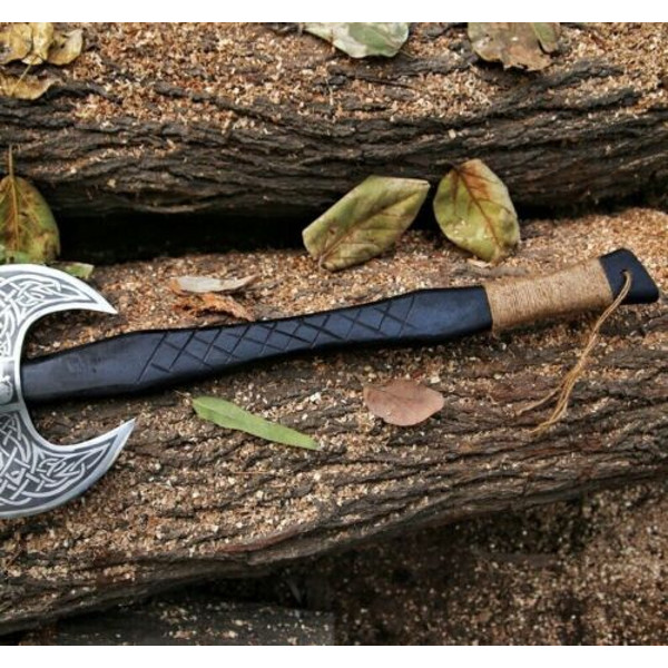 handmade Double headed Vikings axe, forged steel, double handed axe, leather wrapping, premium leather sheath (4).jpg