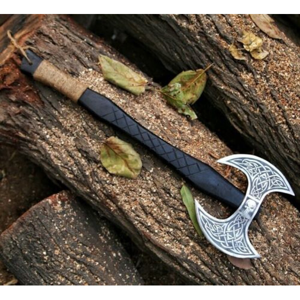 handmade Double headed Vikings axe, forged steel, double handed axe, leather wrapping, premium leather sheath (5).jpg