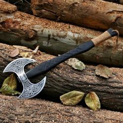 handmade Double headed Vikings axe, forged steel, double handed axe, leather wrapping, premium leather sheath
