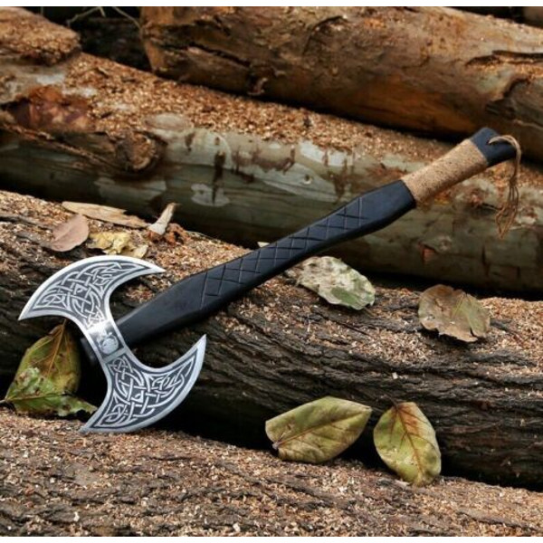 handmade Double headed Vikings axe, forged steel, double handed axe, leather wrapping, premium leather sheath (6).jpg