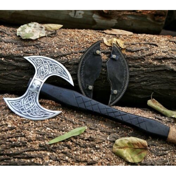 handmade Double headed Vikings axe, forged steel, double handed axe, leather wrapping, premium leather sheath (7).jpg