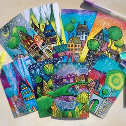 Postcards set Whimsical art Colorful paintings Miniature prints by Rubinova