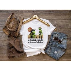 on the outside i'm hootin but on the inside i'm hollerin, ironic kermit meme, twitter meme, sarcastic kermit the frog, h