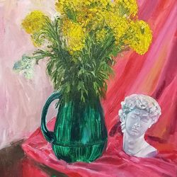 Tansy oil painting, Bouquet painting original art on canvas, Flower vase painting, flower art