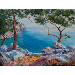 Greece Painting Coast Original Art Impressionist Art Impasto Painting Seascape Painting 24"x32" by KseniaDeArtGallery