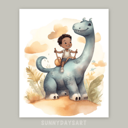 Cute black boy poster, cute black boy rides a dinosaur, nursery decor, printable art, watercolor art for children room