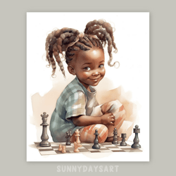 cute black girl poster, cute black girl plays chess, nursery decor, printable art, watercolor art for girls room