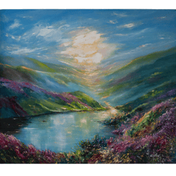 Sunrise Painting Lake Original Art Impressionist Art Impasto Painting Hills Painting Large Wall Art 28"x32" by Ksenia De
