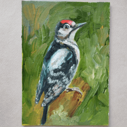 Woodpecker painting original oil art forest bird painting
