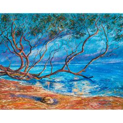 Pine Tree Painting Ocean Original Art Impressionist Art Impasto Painting Seascape Painting 24"x32" by KseniaDeArtGallery